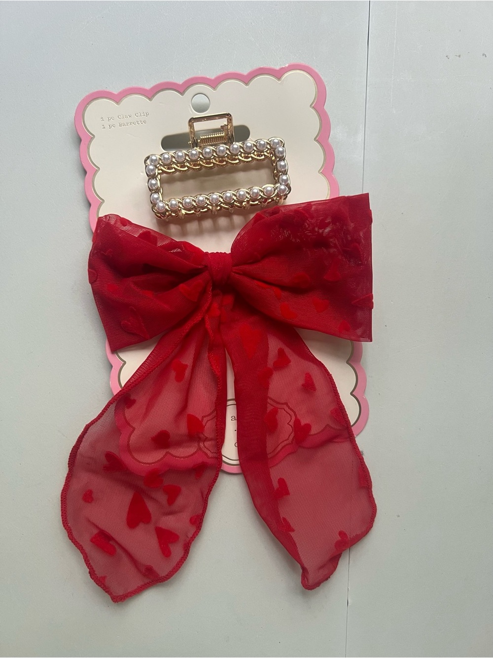 a new day Red Heart Chiffon Bow with Gold Pearl Rectangle Clip